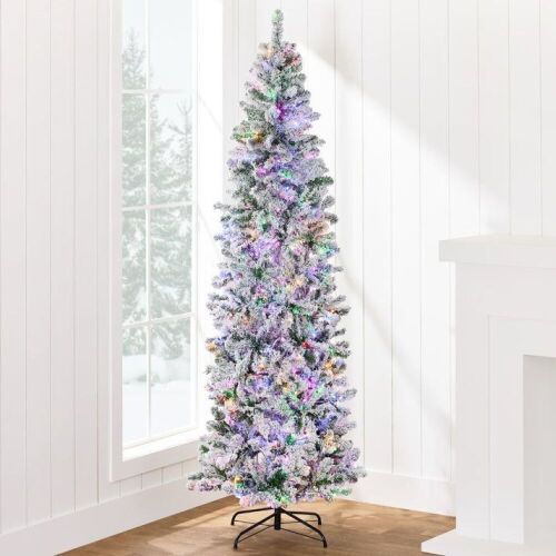 6' Pre-Lit Snow Flocked Artificial Pencil Christmas Tree w/ Multicolor Lights - Lot 773