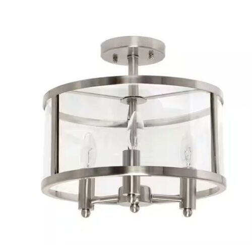 Elegant Designs 13 in. 3-Light Brushed Nickel Iron and Glass Shade Industrial Ceiling Mounted Round Semi-Flush Mount - Lot 784