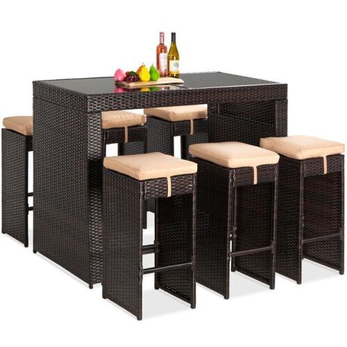 7-Piece Wicker Bar Patio Dining Set w/ Glass Table Top, 6 Stools - Damage to Wicker - Lot 39