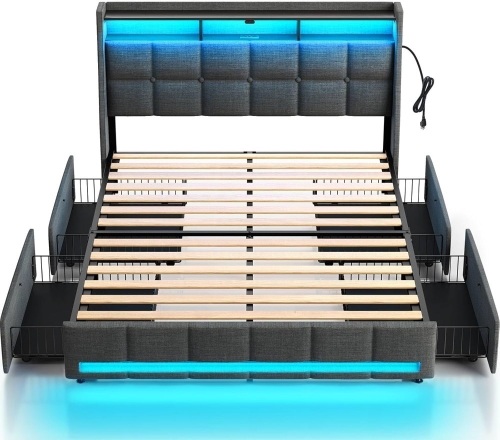 Rolanstar Full Size Bed Frame with LED Lights and Charging Station, Upholstered Bed Storage Headboard & Drawers - Lot 63