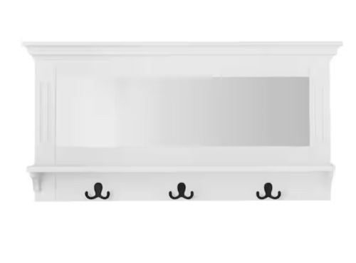 StyleWell 18 in. H x 36 in. W x 6.1 in. D White Wood Floating Decorative Wall Shelf with Mirror and Hooks - Lot 516
