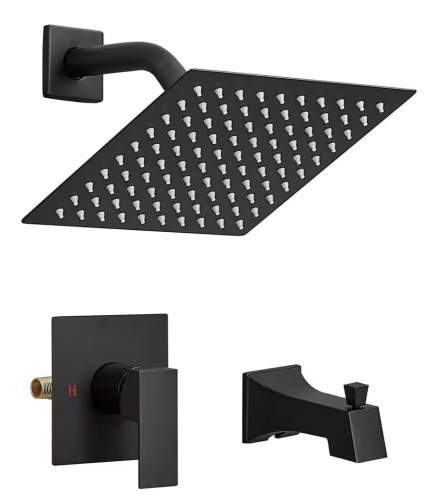 BWE Single-Handle 2-Spray Rainfall Square Shower Faucet 2.5 GPM with High Pressure Tub Spout in Matte Black  - Lot 768