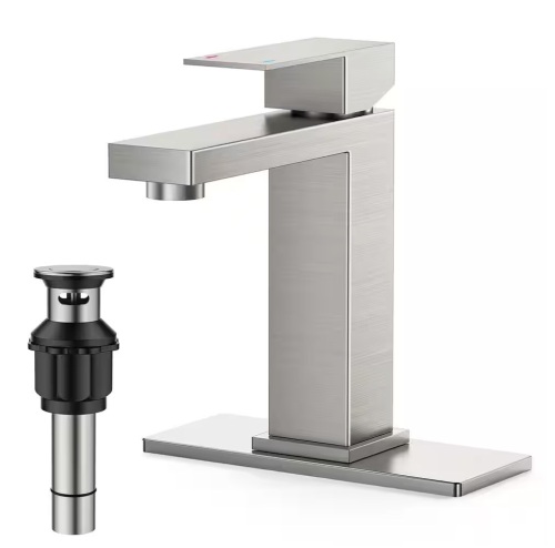 Single Handle Single Hole Mic Arc Bathroom Faucet with Deck Plate, Pop-up Drain and PEX Supply Line in Brushed Nickel - Lot 850