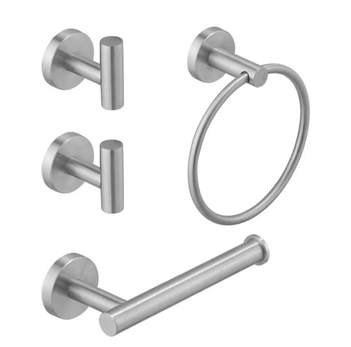 BWE 4-Piece Bath Hardware Set with Robe Hooks, Towel Ring, Toilet Paper Holder Modern in Brushed Nickel - Lot 854