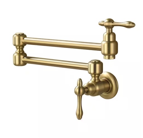 FLG Wall Mounted Pot Filler with Double-Handle Folding Kitchen Faucet Swing Arm Modern Commercial Brass Tap in Brushed Gold - Lot 856