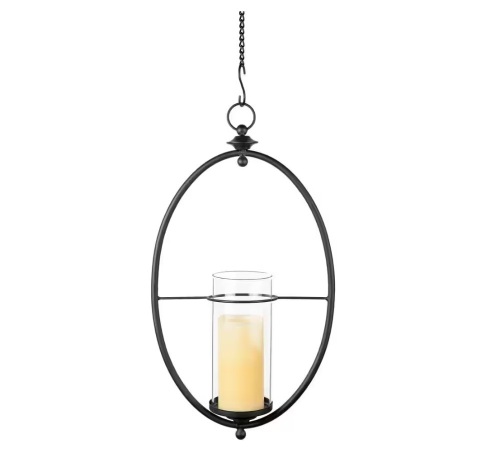 DANYA B Oval Black Wrought Iron and Glass Hanging Hurricane Candle Sconce for Wall or Ceiling - Lot 310