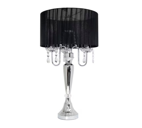 Elegant Designs 27 in. Trendy Romantic Black Sheer Shade Chrome Table Lamp with Hanging Crystals - Lot 901