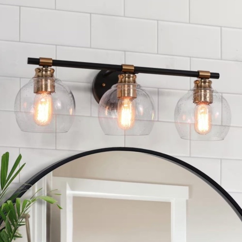 Zevni 22 in. 3-Light Modern Brass Vanity Light, Globe Seeded Glass  - Lot 467