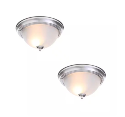 Commercial Electric 13 in. 2-Light Brushed Nickel Flush Mount with Frosted Glass Shade, 2-Pack - Lot 565
