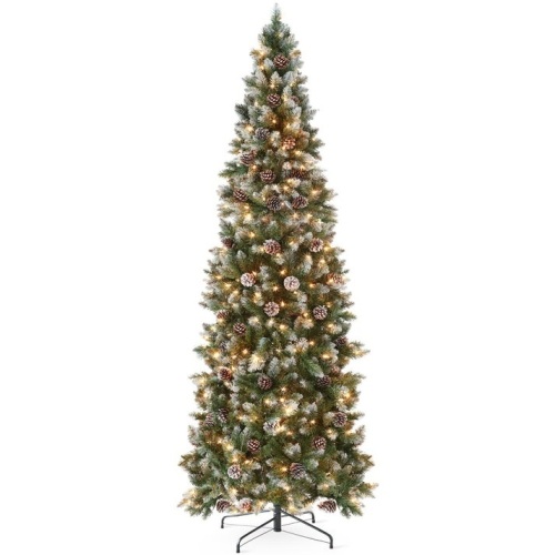 9' Pre-Lit Partially Flocked Pencil Christmas Tree w/ Pine Cones, Metal Stand - Lot 132