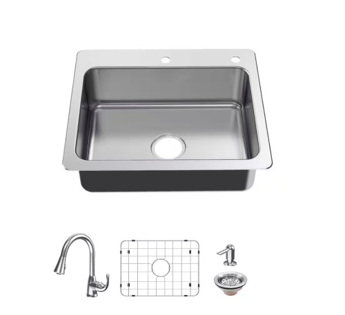 Glacier Bay Bratten 25 in. Drop-In Single Bowl 18 Gauge Stainless Steel Kitchen Sink with Pull-Down Faucet - Lot 436