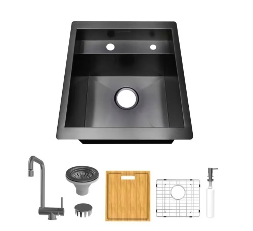 Glacier Bay Zero Radius 17 in. Undermount 18G Gunmetal Black Stainless Steel Single Bowl Workstation Bar Sink with Folding Faucet - Lot 437