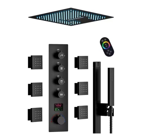 CRANACH Thermostatic 15-Spray 16 in. Ceiling Mount Square LED Mood Lighting Shower System with Valve in Matte Black - Lot 34