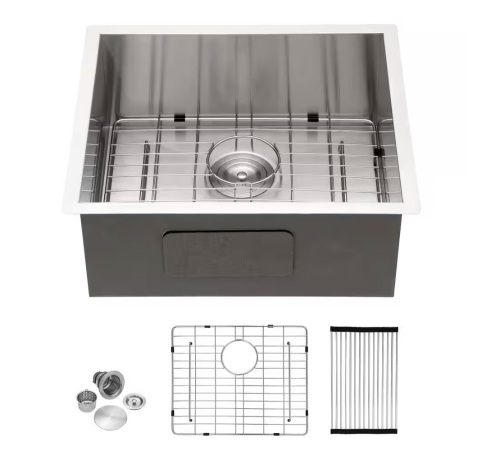 LORDEAR 25 in. x 22 in. Single Bowl Undermount 18-Gauge Stainless Steel Drop In Kitchen Sink w/ Bottom Grid and Strainer Basket - Lot 438