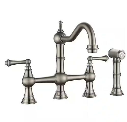 BWE Double Handles Bridge Kitchen Faucet With Side Sprayer in Brushed Nickel - Lot 730