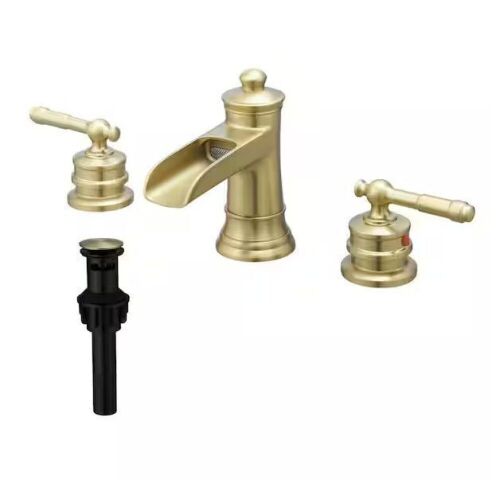 FLG 8 in. Widespread Double Handle Bathroom Faucet with Drain Kit 3 Holes Brass Waterfall Bathroom Sink Taps in Brushed Gold - Lot 731