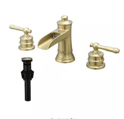 FLG 8 in. Widespread Double Handle Bathroom Faucet with Drain Kit 3 Holes Brass Waterfall Bathroom Sink Taps in Brushed Gold - Lot 732