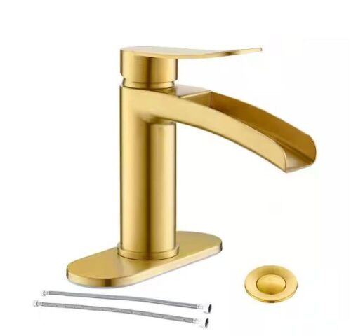 Phiestina Single Handle Waterfall Faucet for Bathroom Sink in Brushed Gold Finish - Lot 733