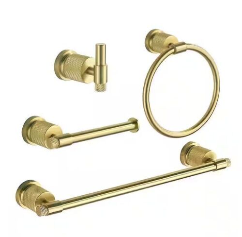 FORIOUS Bathroom Accessories Set 4, Towel Ring, Towel Bar, Toilet Paper Holder, Robe Hook Zinc Alloy in Gold - Lot 735
