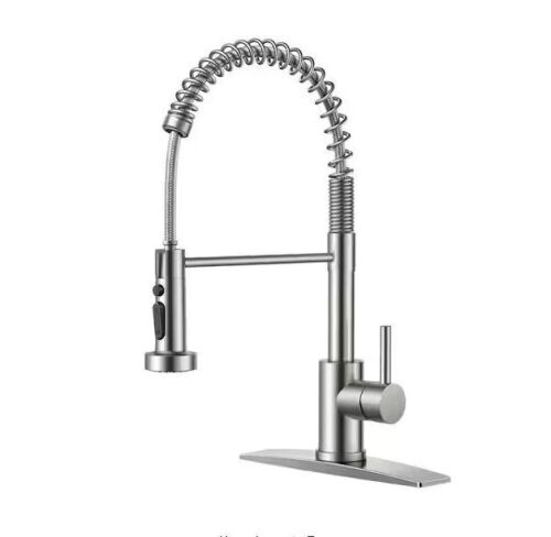 Single-Handle Pull Down Sprayer Coil Spring Gooseneck Kitchen Faucet with Deckplate Stainless Steel in Brushed Nickel - Lot 736