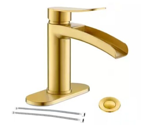 Phiestina Single Handle Waterfall Faucet for Bathroom Sink in Brushed Gold Finish - Lot 746