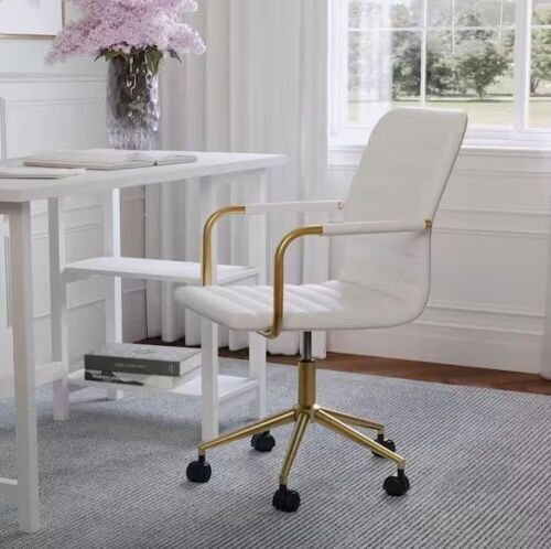 MARTHA STEWART Taytum Faux Leather Adjustable Height with Wheels Office Chair in White Faux Leather/Polished Brass with Arms - Lot 129