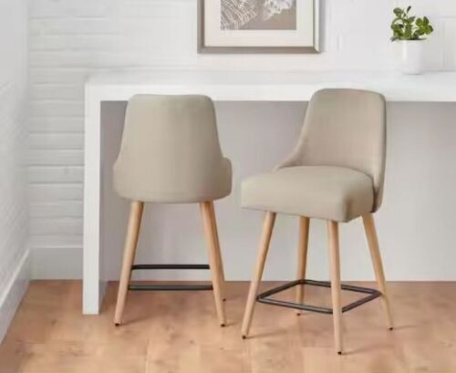 StyleWell 25 in. Benfield Biscuit/Walnut Beige Wood Upholstered Counter Stools with Back, Set of 2 - Lot 207