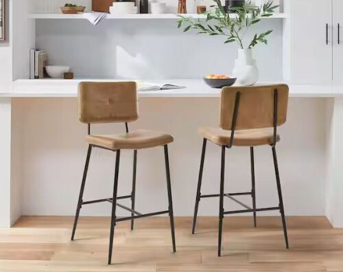StyleWell 29 in. Blackburn Mid-Century Modern Cognac Faux Leather Bar Stool with Black Metal Frame, Set of 2 - Lot 301