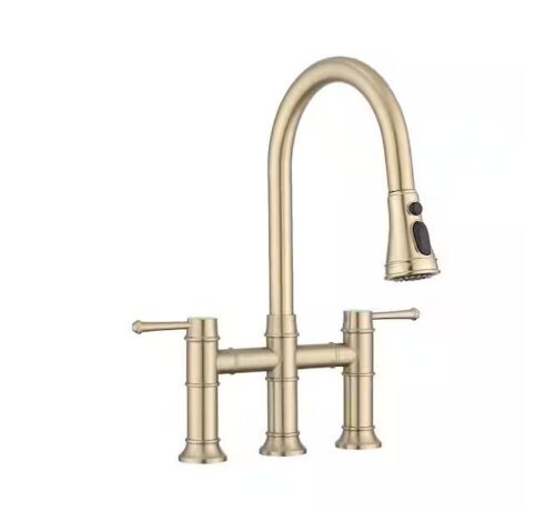 Double Handle Bridge Kitchen Faucet with Pull-Down Spray Head, Deck Mount 3 Holes in Brushed Gold - Lot 309