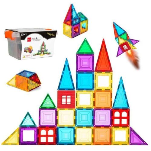 32-Piece Kids Mini Magnetic Tiles Educational STEM Toy Set w/ Carrying Case - Lot 621