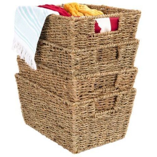 Set of 4 Seagrass Storage Tote Baskets, Laundry Organizer w/ Insert Handles - Lot 627