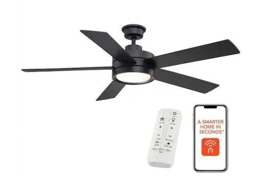 Home Decorators Collection Baxtan 56 in. Smart Indoor Matte Black Ceiling Fan with Adjustable White LED with Remote Included Powered by Hubspace - Lot 721