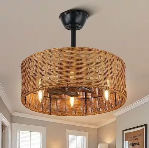 Cora 20 in. Indoor Brown Rattan Wicker Scandi-Style Ceiling Fan with Lights, Zen-inspired 3- Speed Ceiling Fan w/Remote - Lot 725