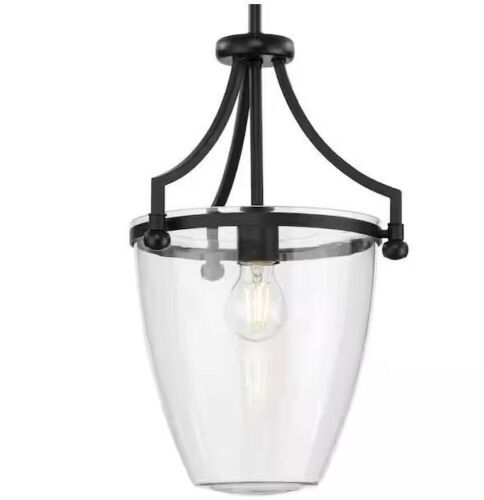 Progress Lighting Parkhurst Collection 11.5 in. 1-Light Matte Black New Traditional Mini-Pendant with Clear Glass Shade - Lot 806