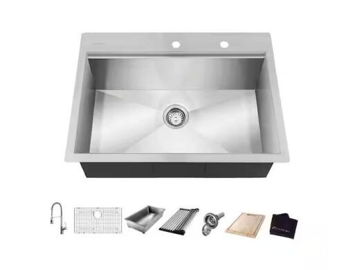 Glacier Bay Zero Radius 32 in. Drop-In Single Bowl 18 Gauge Stainless Steel Workstation Kitchen Sink with Spring Neck Faucet - Lot 518