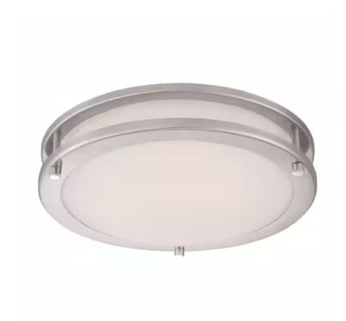 Hampton Bay Flaxmere 12 in. Brushed Nickel Dimmable LED Integrated Flush Mount with Frosted White Glass Shade - Lot 807