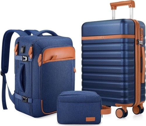 Luggage Sets 3 Piece, Carry On Luggage 20 Inch With Spinner Wheels,PC Hardside Suitcase Set with TSA Lock,Durable Carry On Suitcase With Travel Backpack for Men Women(Blue Brown) - Lot 4641