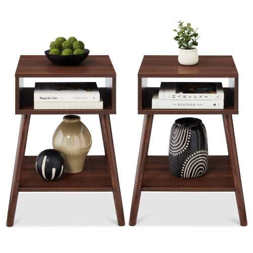 Set of 2 Mid-Century Modern End Tables w/ Cubby, Shelf - Lot 5876