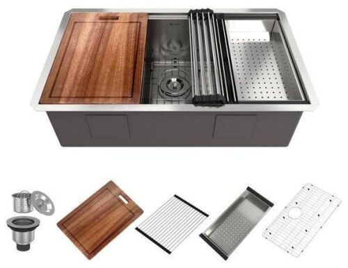 Boyel Living 32 in. Undermount Single Bowl 18-Gauge Stainless Steel Kitchen Sink with Cutting Board, Rolling Drying Rack and Colander - Lot 89