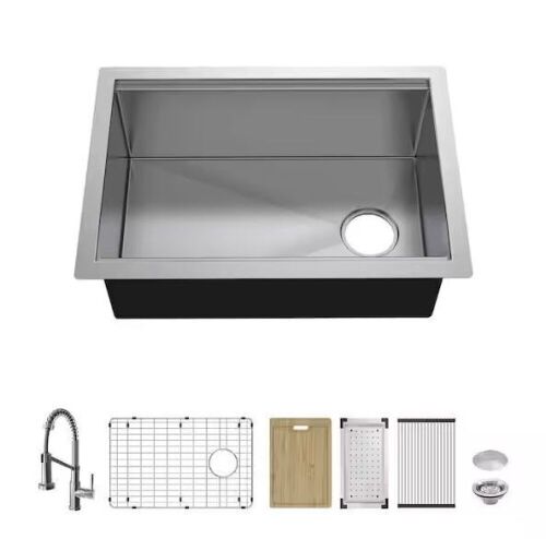 Glacier Bay Professional 27 in. Undermount Single Bowl 16 Gauge Stainless Steel Workstation Kitchen Sink with Spring Neck Faucet - Lot 90