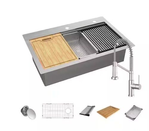 Glacier Bay Dual Mount 33 in Single Bowl Stainless Steel Workstation Kitchen Sink & Faucet - Lot 91