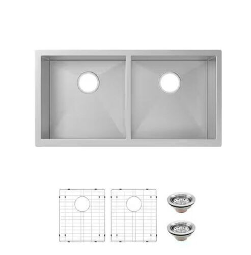Glacier Bay Professional Zero Radius 32 in. Undermount 50/50 Double Bowl 16 Gauge Stainless Steel Kitchen Sink with Accessories - Lot 94