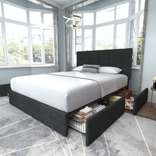 Allewie Upholstered Queen Size Platform Bed Frame with 4 Storage Drawers and Headboard - Lot 98