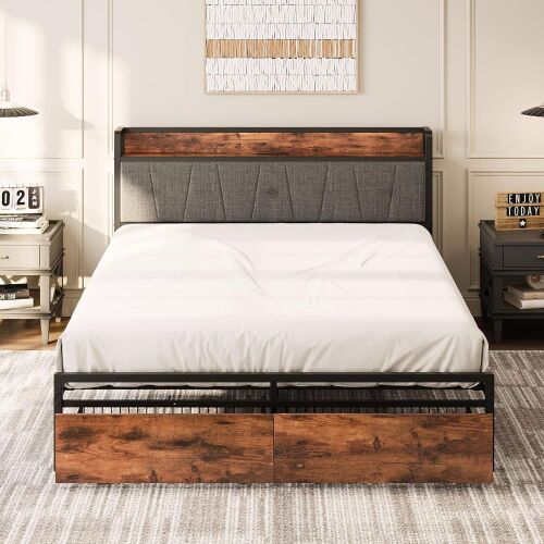  LIKIMIO Queen Bed Frame, Storage Headboard with Charging Station, Drawers - Lot 105