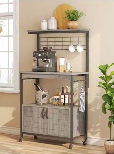 Bestier Wash Grey 31.5 in. W 3-Tier Metal and Wood Baker's Rack with Storage Cabinet and Adjustable Feet - Lot 140