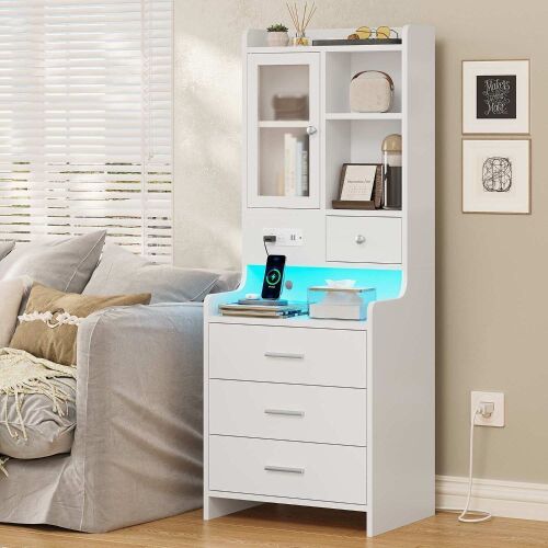 LED Tall Nightstand With Charging Station, Drawers, Shelves, Glass Door Storage - Lot 177