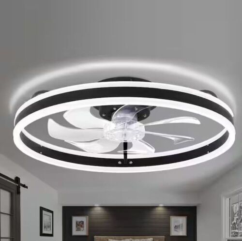 Oaks Aura 20in. LED Indoor Black Bladeless Low Profile Ceiling Fan Flush Mount Smart App Remote Control Dimmable Lighting - Lot 184