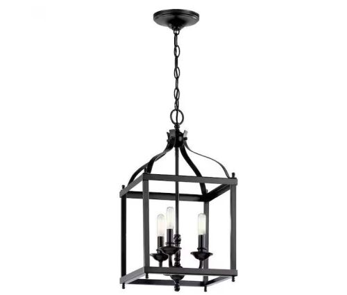 KICHLER Larkin 3-Light Black Traditional Candle Cage Foyer Pendant Hanging Light - Lot 193
