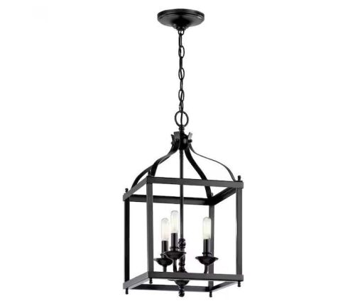 KICHLER Larkin 3-Light Black Traditional Candle Cage Foyer Pendant Hanging Light - Lot 194