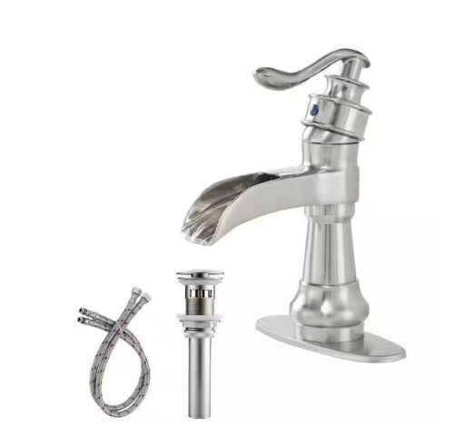BWE Waterfall Single Hole Single-Handle Low-Arc Bathroom Faucet With Pop-up Drain Assembly in Brushed Nickel - Lot 269